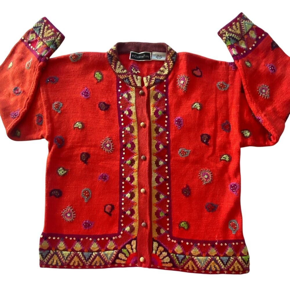 Vintage Christine Foley Sweater Women's Cardigan Bold Red Embellished Size 2(M) - Picture 3 of 10